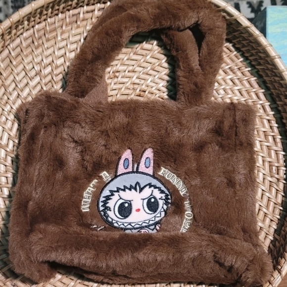 None Other - Plush Brown Kids Bag with Cute Lububu Character Patch